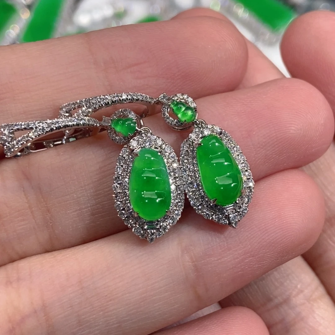 翡翠18K金镶嵌耳饰天然缅甸A货翡翠