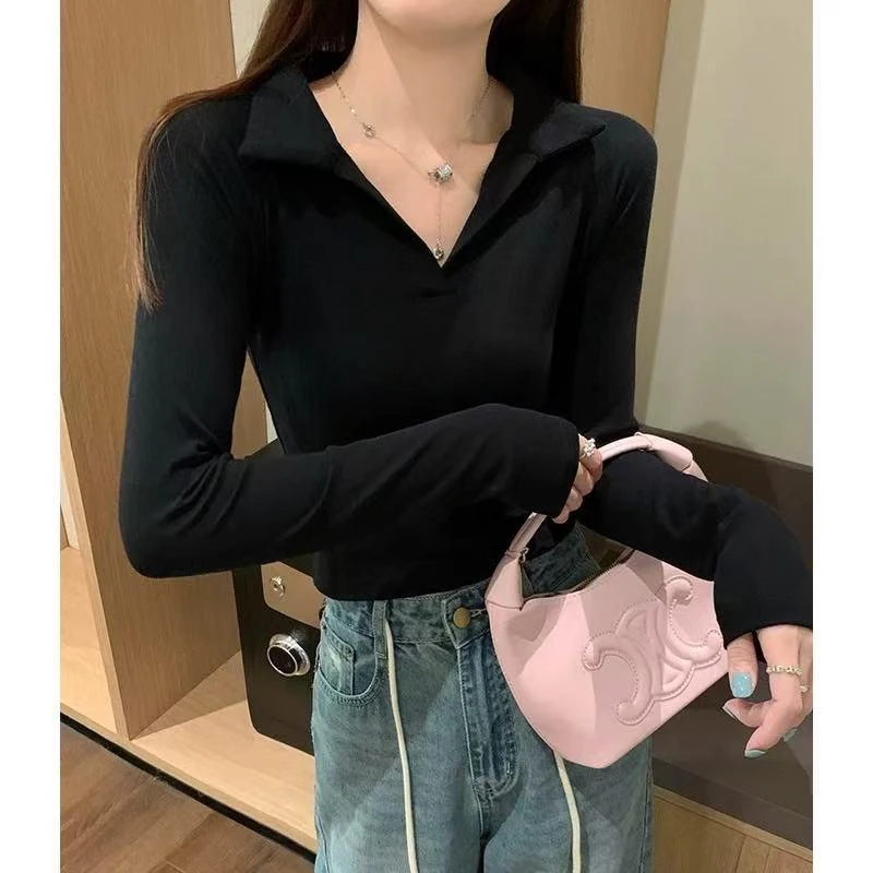 早秋新款法式Polo领甜辣高级感设计感长袖t恤打底衫修身上衣女