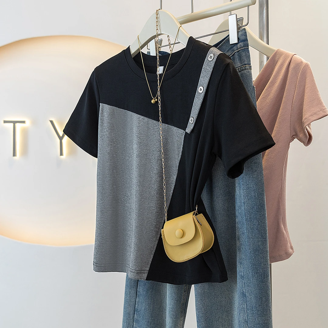 yoewshean/羽媗夏季微胖mm大码女装撞色拼接正肩标准圆领时尚百搭