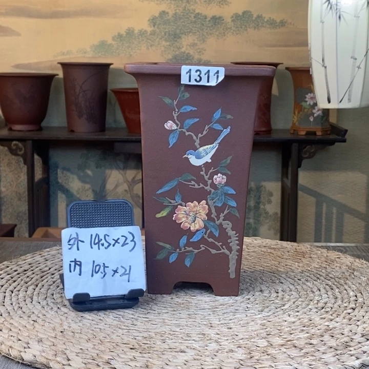 紫砂花盆  特惠紫泥彩绘花鸟四方签筒1311