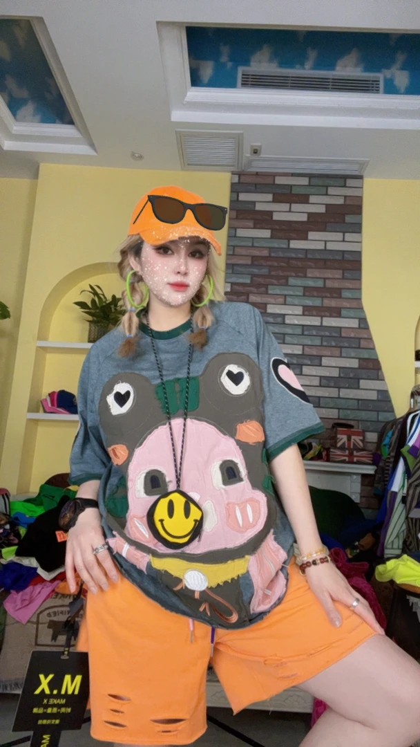 2025夏季个性青蛙贴布个性潮牌棉休闲宽松显瘦短袖T恤