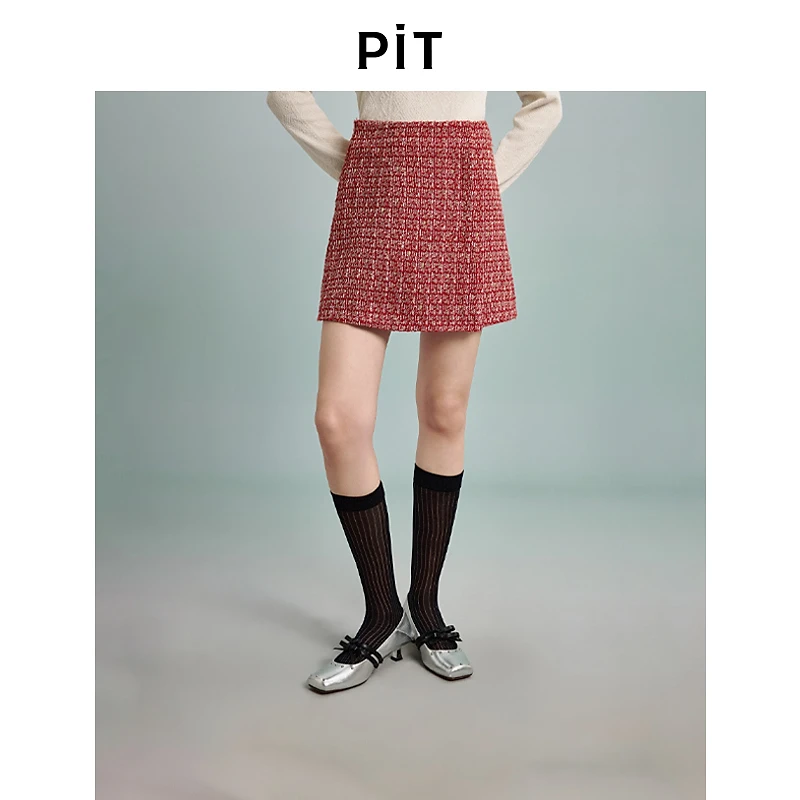 PIT复古毛呢高腰半身裙小香风红色针织百搭短裙冬季新款百搭款
