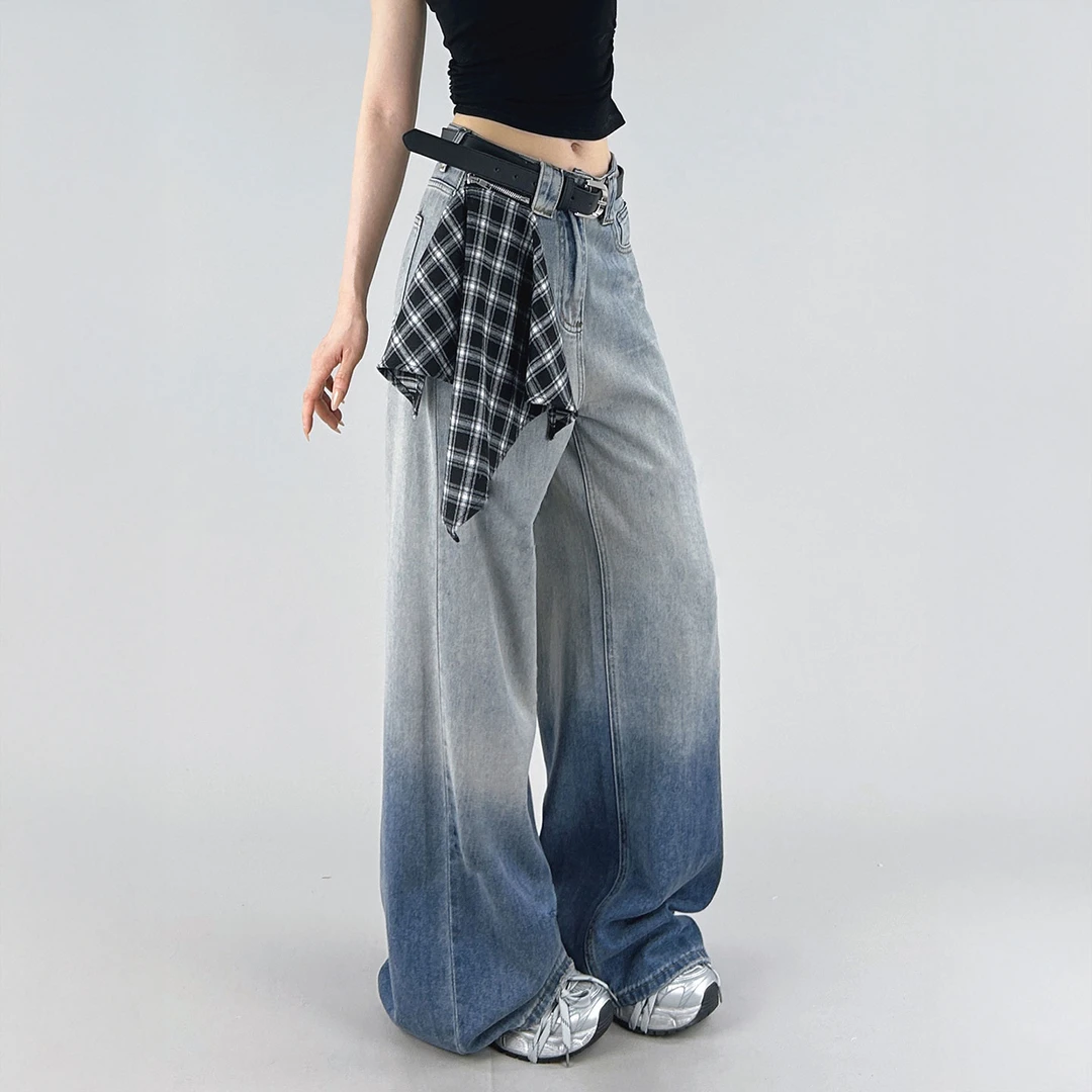 设计感渐变色直筒破洞牛仔裤女2025秋季新款高腰宽松显瘦阔腿裤子