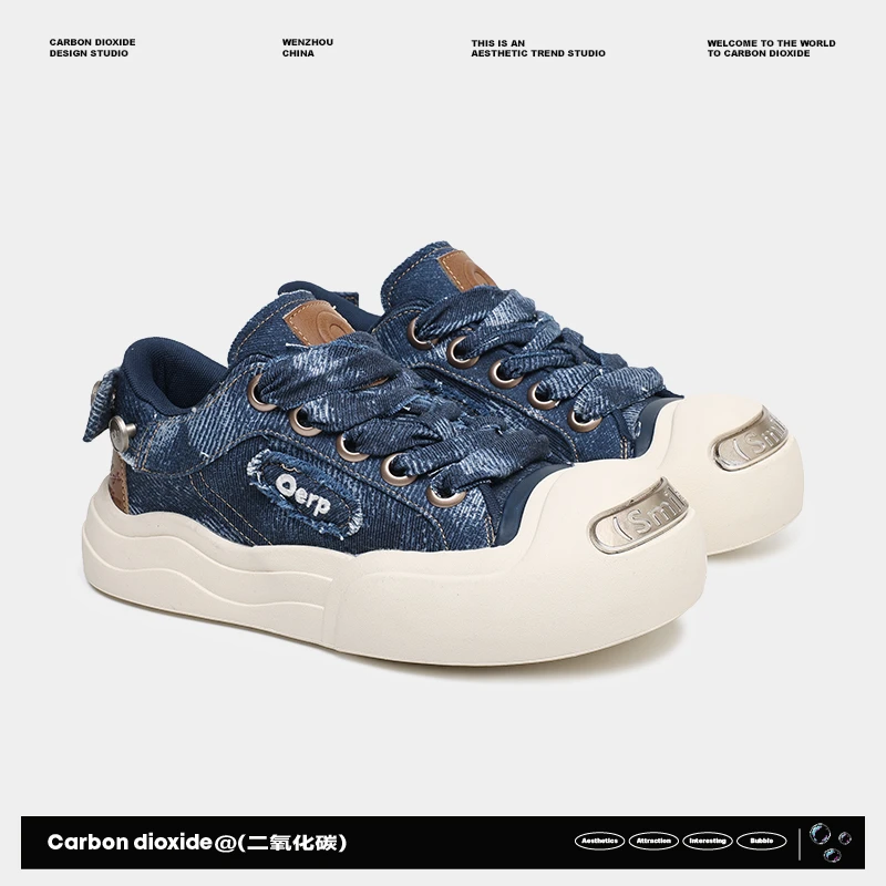 蓝色丑萌大头鞋男女开口牛仔帆布鞋2025新款春夏增高情侣休闲鞋潮