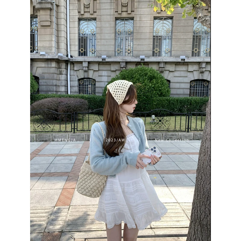 萌萌Ja」松塔糕 重工蕾丝拼接吊带裙白色连衣裙叠穿仙女裙