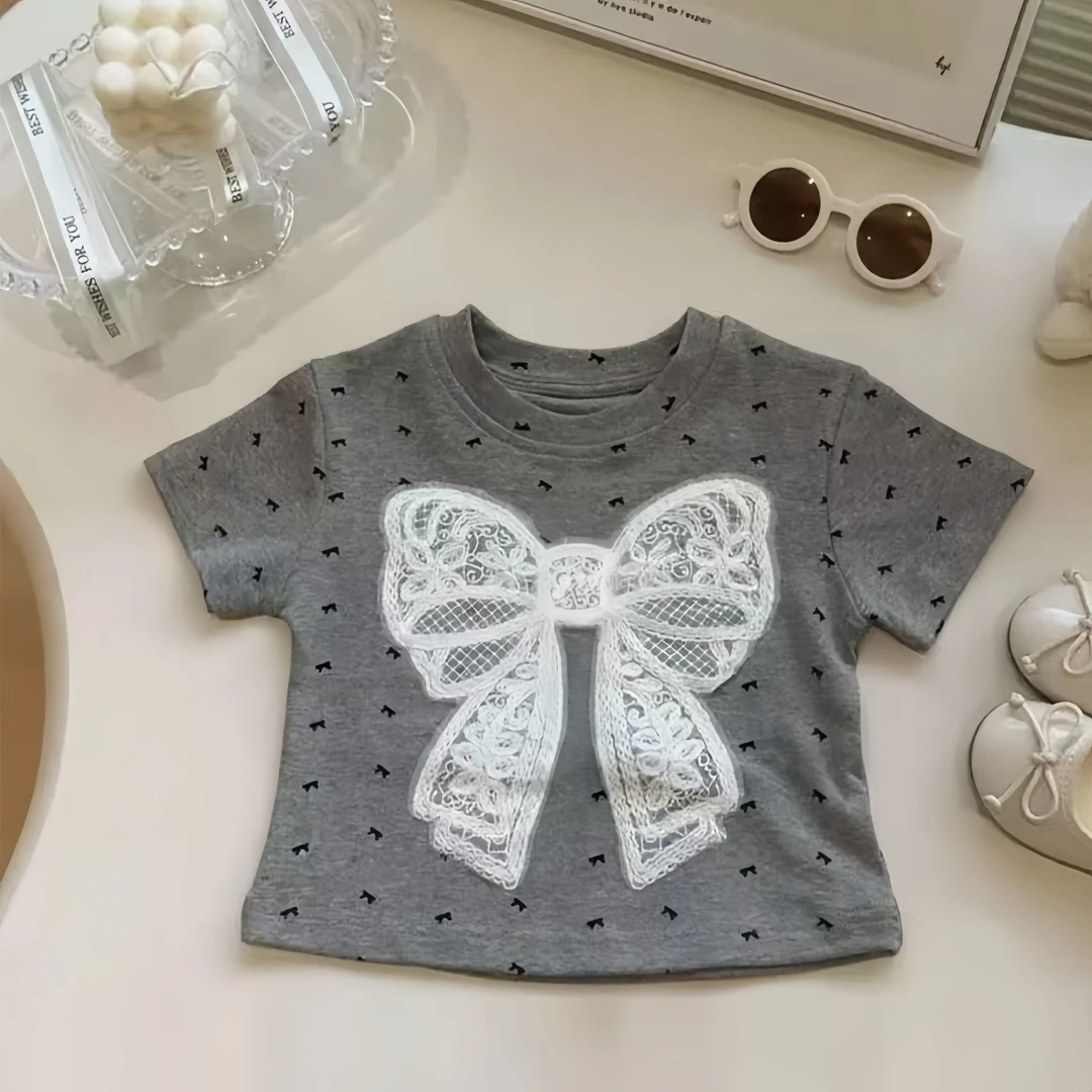 女童2025夏季款时尚灰底印花立体蝴蝶结短袖T恤潮流爆款洋气上衣
