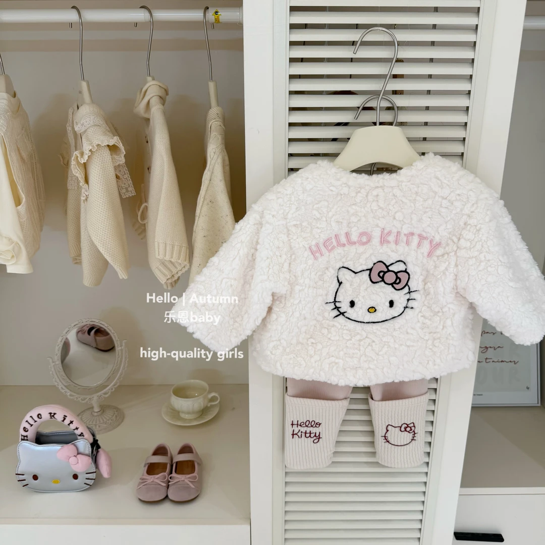 【乐恩童装】原创设计秋冬女童米白色KT加绒外套时髦洋气韩版棉服