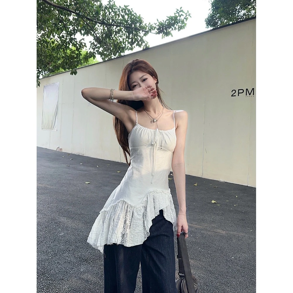 大码法式甜美吊带背心女夏季不规则蝴蝶结打底衫胖MM遮肉显瘦上衣