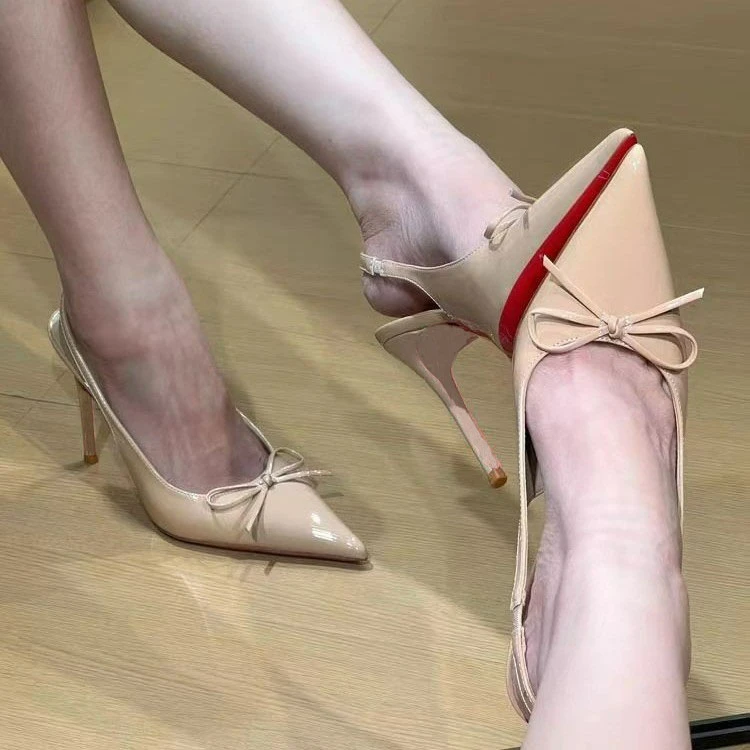 高跟鞋女2025新款蝴蝶结黑色包头凉鞋法式尖头细跟气质高级不累脚