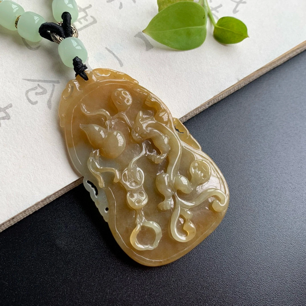 天然A货缅甸翡翠黄翡精雕吊坠《葫芦龙》气质时尚仿古百搭复古