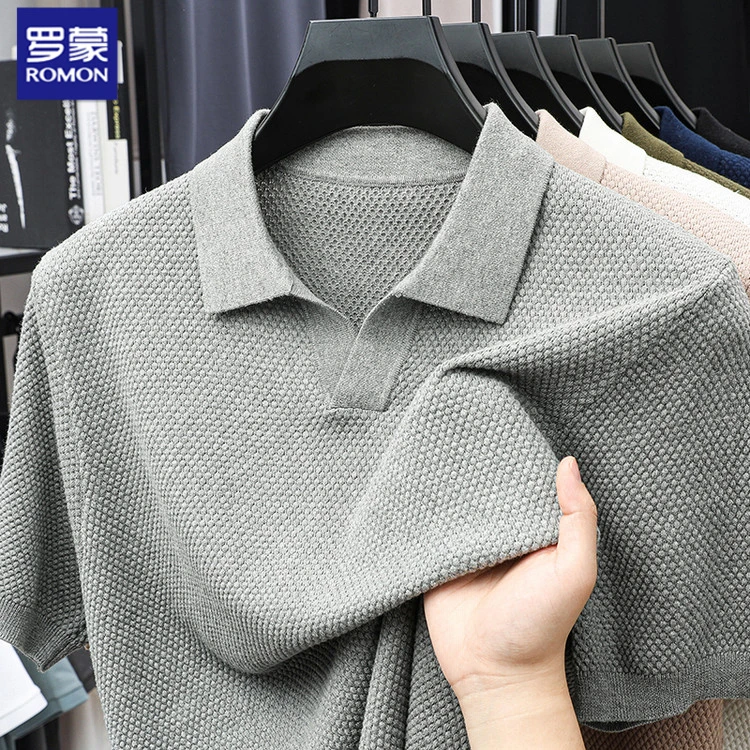 罗蒙夏季纯棉海鸥领菠萝纹针织短袖T恤休闲百搭透气华夫格polo衫