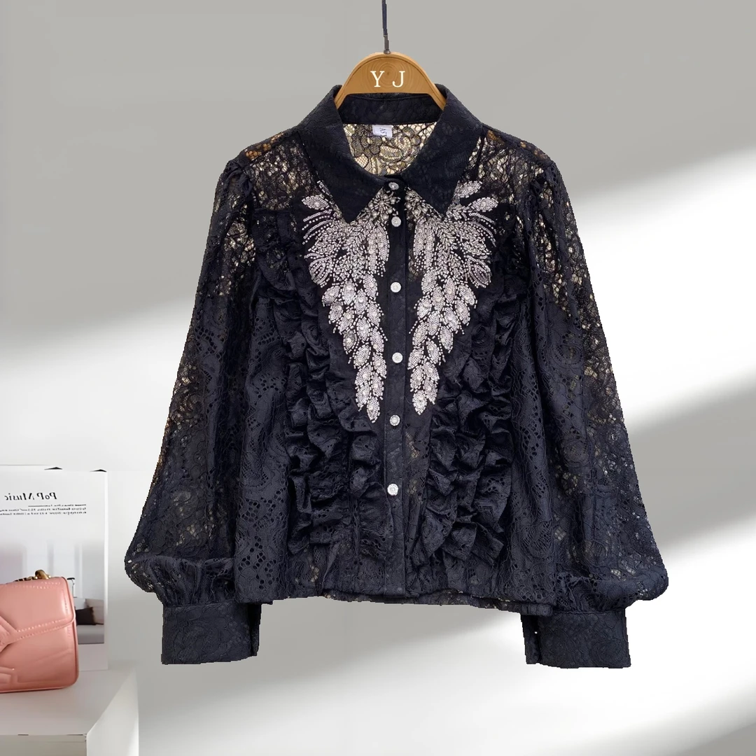 法式轻奢名媛重工绣珠亮片长袖衬衫镂空蕾丝单排扣上衣洋气休闲装