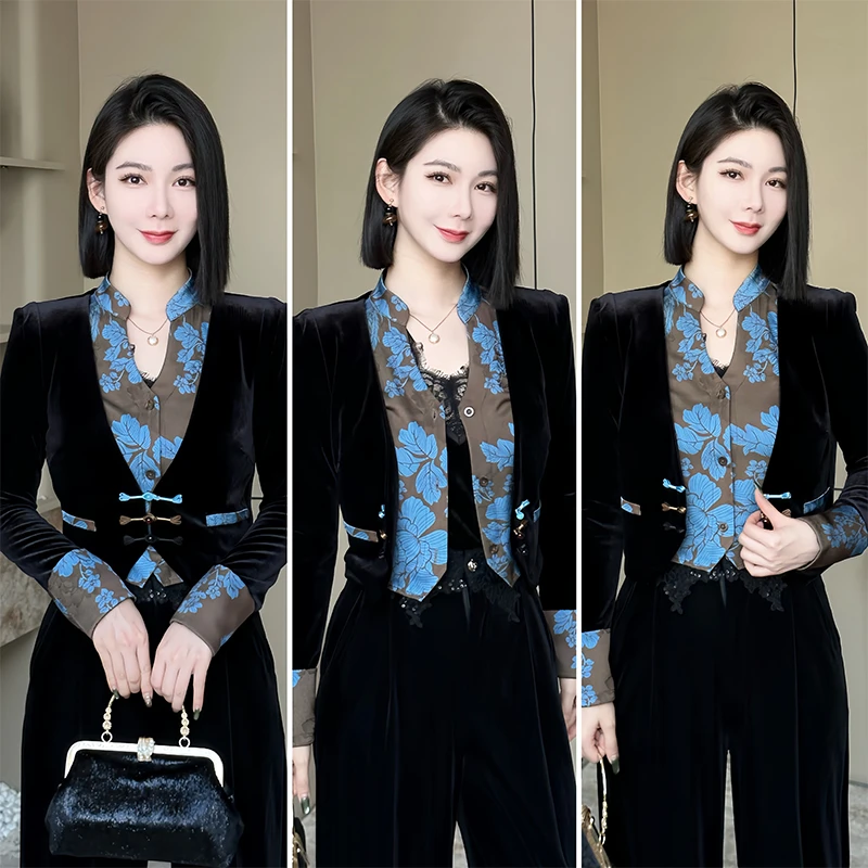 格娜2025新款秋冬丝绒小西装假两件外套新中式高级感洋气出游套装
