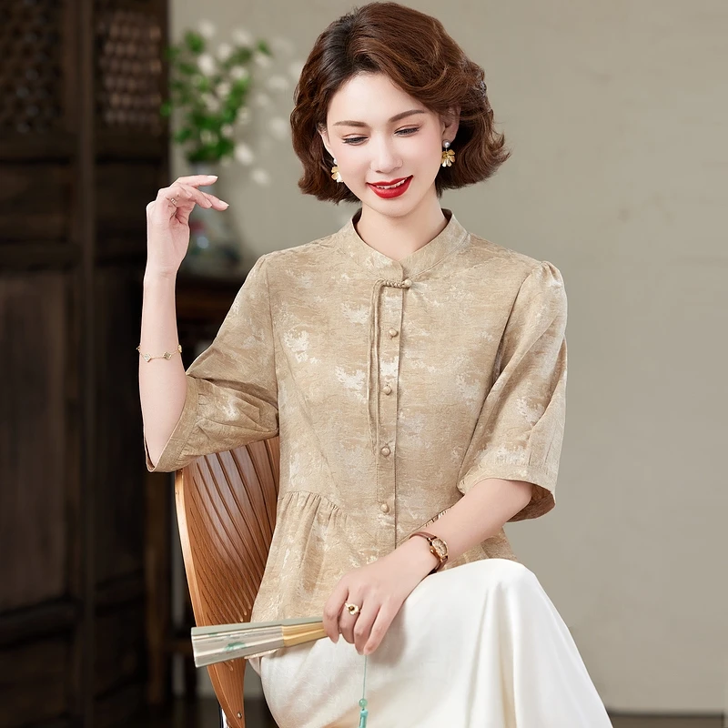 小个子妈妈装夏季国风套装2025新款中老年女士收腰上衣洋气两件套