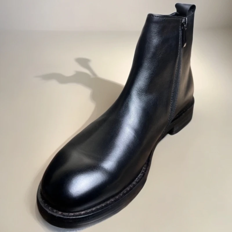 重水洗手工真皮大底套脚中帮高帮耐磨侧拉链切尔西靴英伦风真皮靴