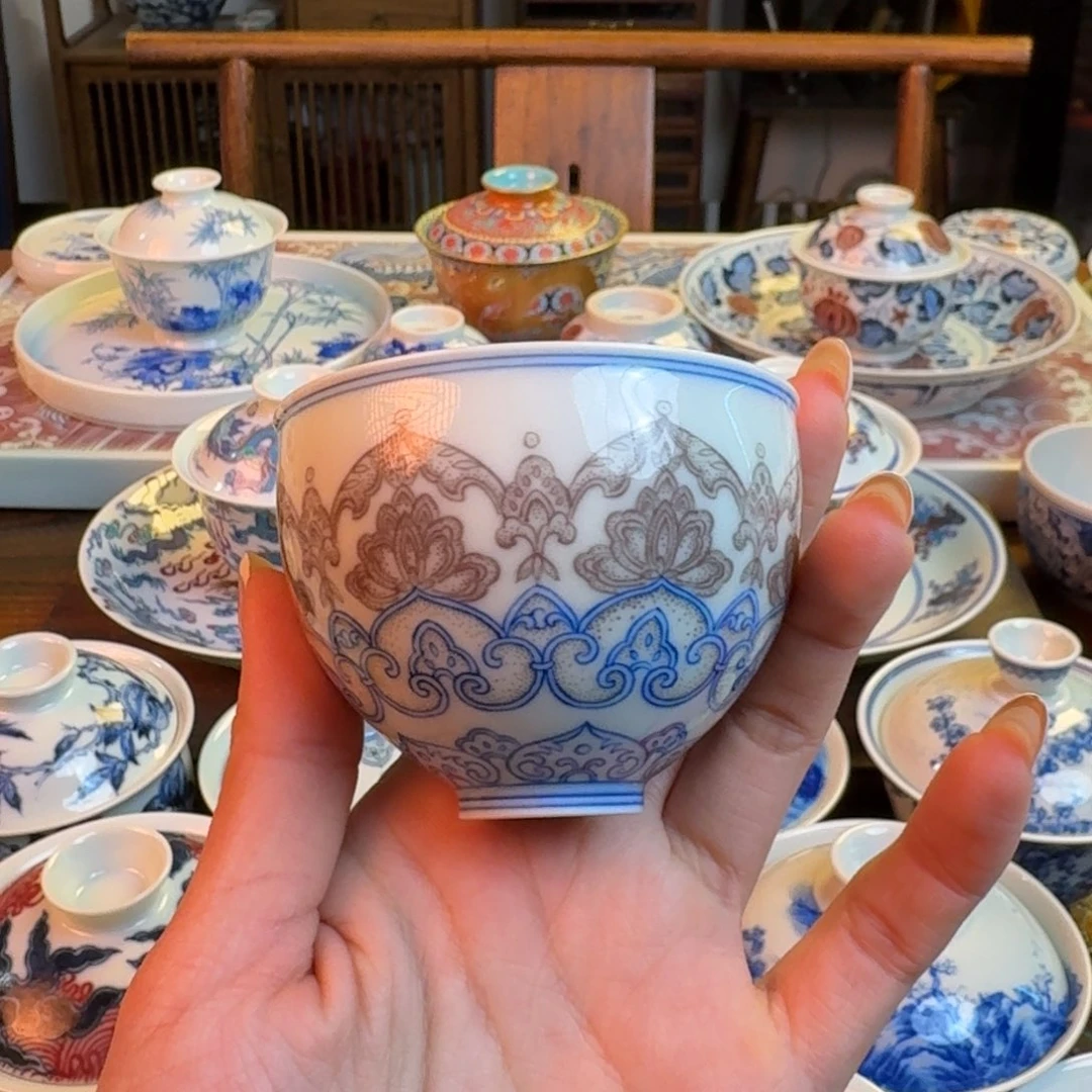 杯重工瑜器点工青花釉里红杯纯手绘