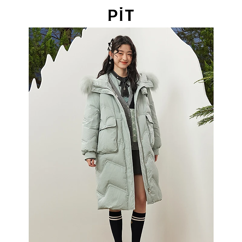 pit复古90白鸭绒貉子毛长款羽绒服女2024冬新款加厚保暖连帽外套
