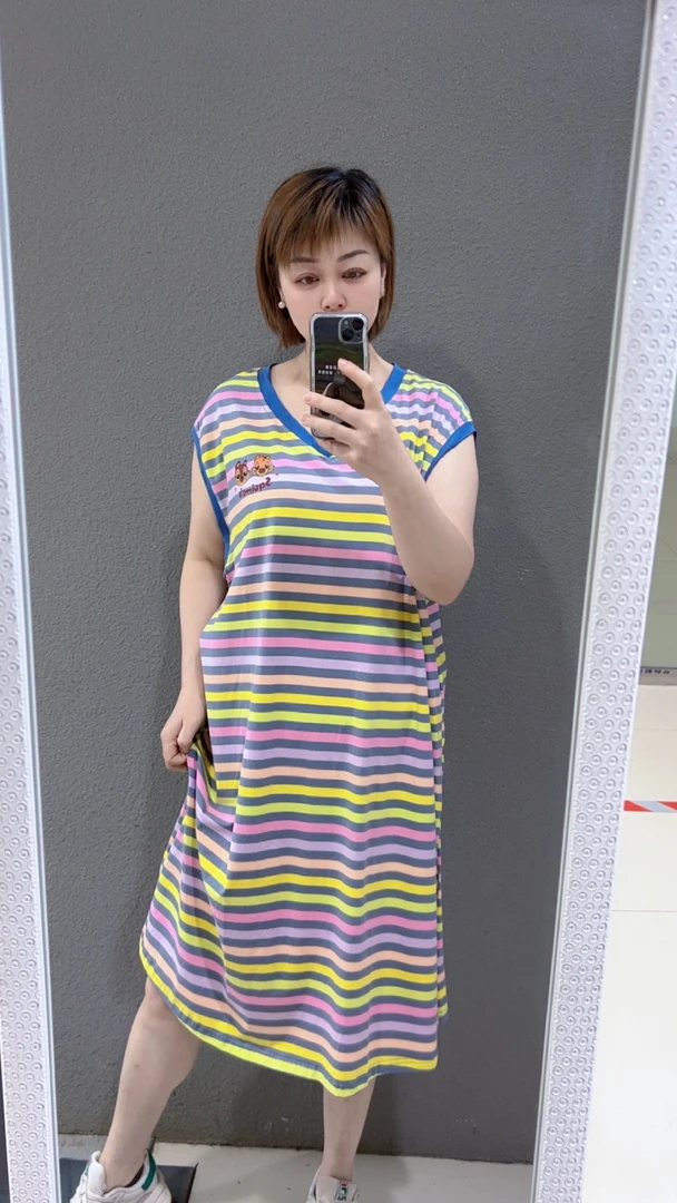 大码夏季透气无袖不起球睡裙撞色夏装条纹宽松睡裙