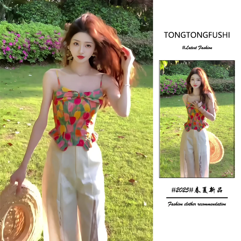 夏季2025新款女装韩系穿搭时尚甜美性感吊带上衣蕾丝阔腿裤两件套