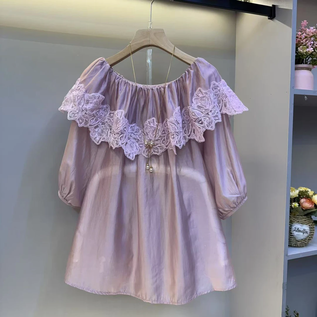 欧洲站大码女装2025夏季新款一字领刺绣花边洋气减龄短袖衬衫