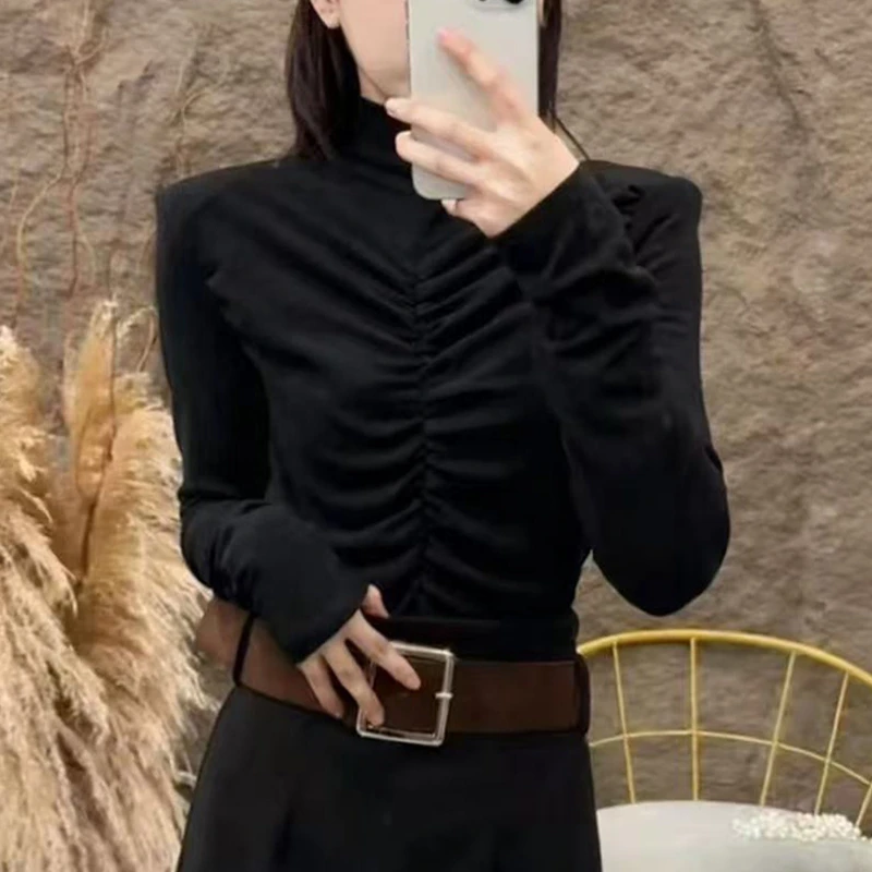 法式半高领压褶打底T恤女秋冬新款独特收腰修身显瘦内搭外穿上衣