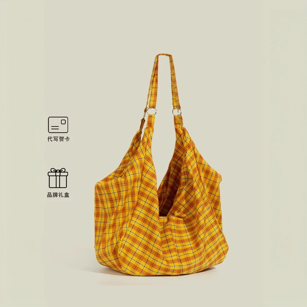 2025时尚新款黄格子帆布袋包百搭大容量休闲慵懒风小众腋下托特包