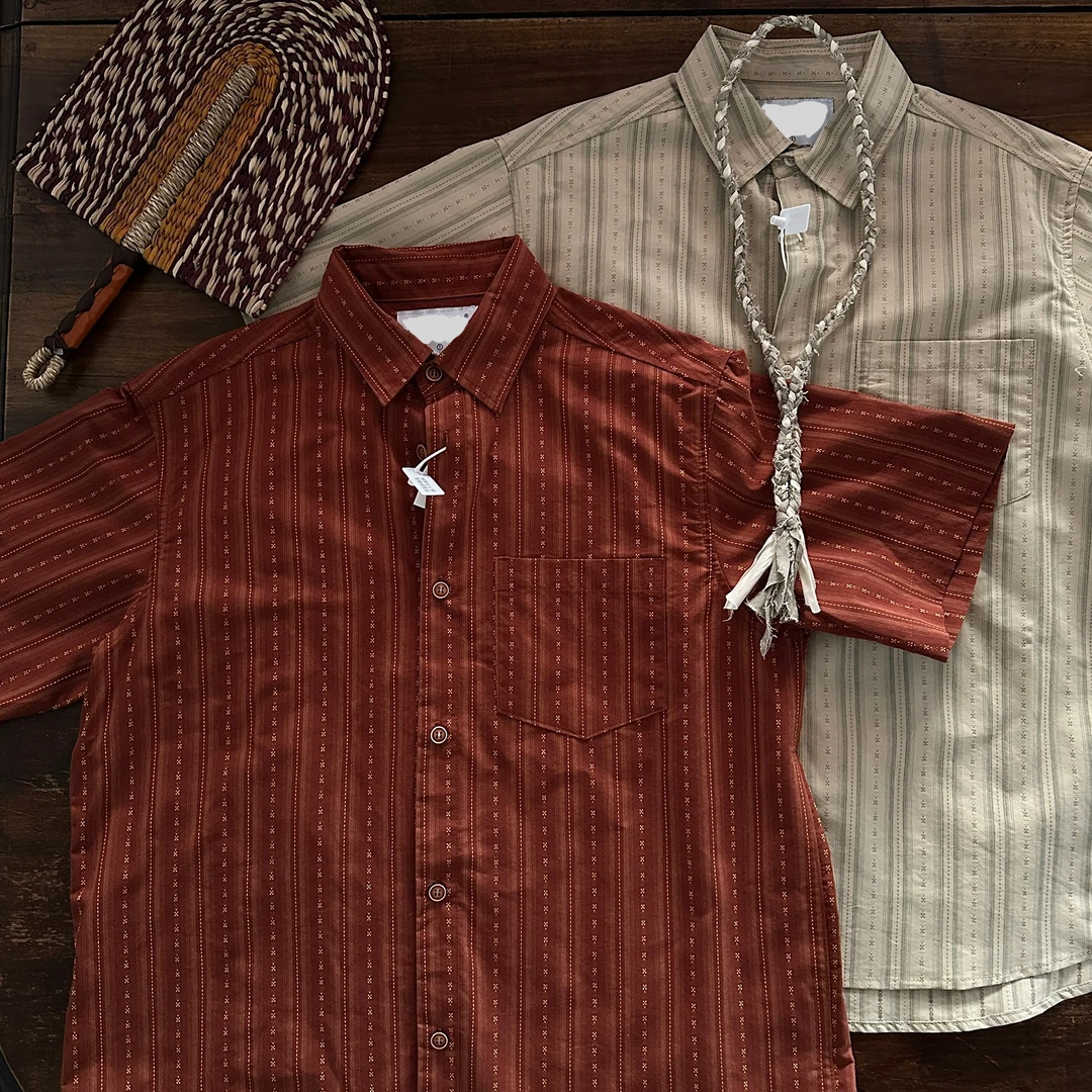 Sina日系复古娘惹风度假色织条纹衬衫短袖宽松薄款休闲88