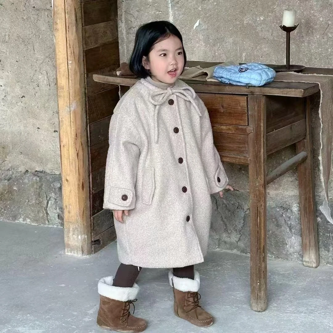链接H纯色B类公主风冬季中长款呢大衣中童洋气韩版