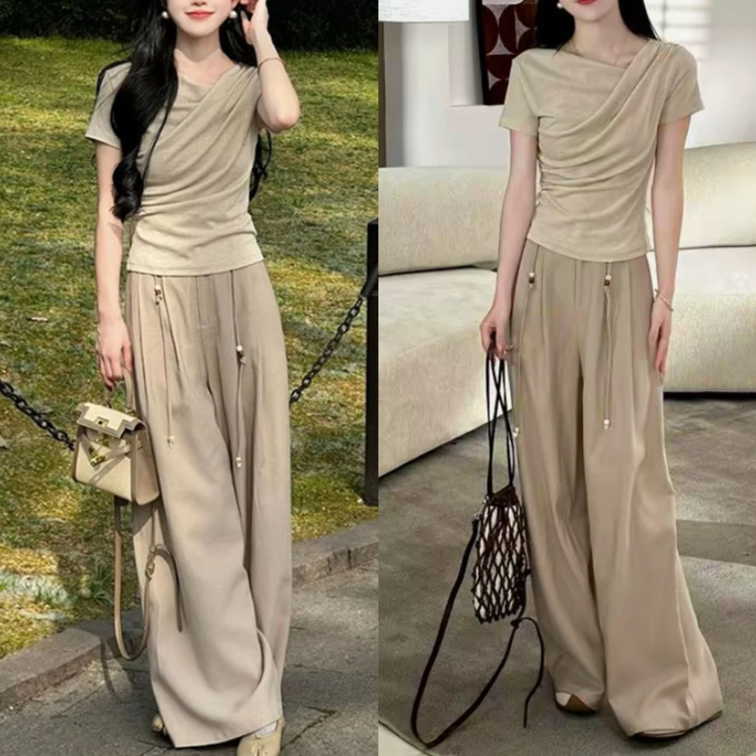 夏季高级感穿搭2025法式轻熟风皱褶上衣女高腰显瘦垂感阔腿裤套装