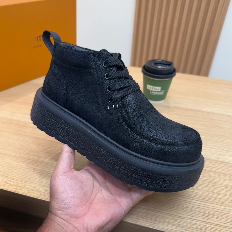 高端轻奢牛反绒真皮大头鞋秋季新款加绒保暖厚底增高休闲高帮男鞋