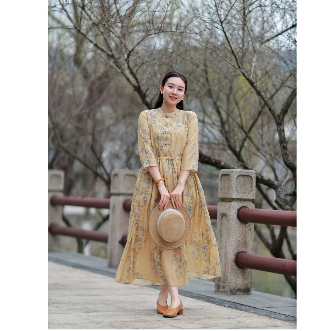 2025春夏款蒹葭碎花休闲圆领中式长款印花宽松连衣裙