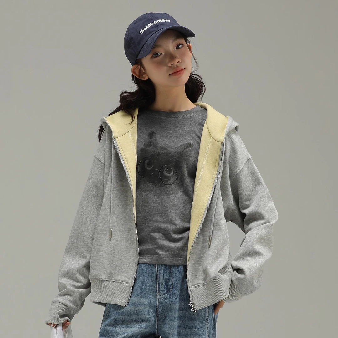 小女森女童春秋拼色卫衣韩系慵懒风中大童宽松连帽开衫外套上衣女