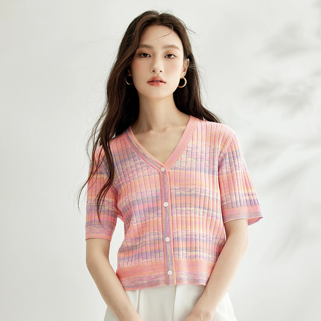 【茵曼女装】茵曼多巴胺条纹针织开衫舒适短袖上衣F18438413