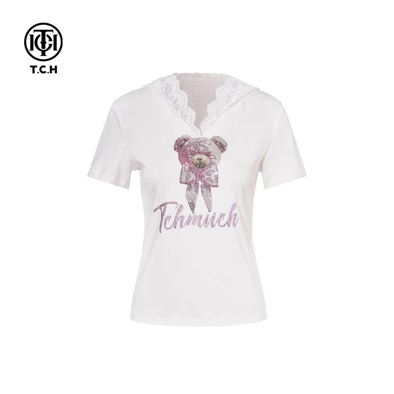 TCH私服烫钻25时尚小熊休闲短袖百搭T恤女T75A10E5041A轻奢tch