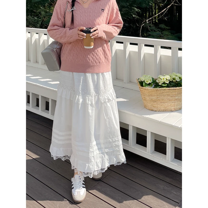 2025春季新款女装独特绝美半身裙韩版胖mm大码白色蕾丝边显瘦裙子