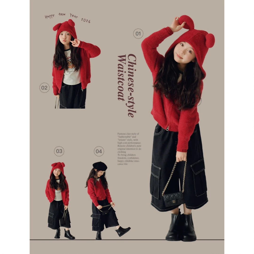 【熙熙可可】2025秋冬女童童装百搭优雅长袖红色毛衣外套MY2578