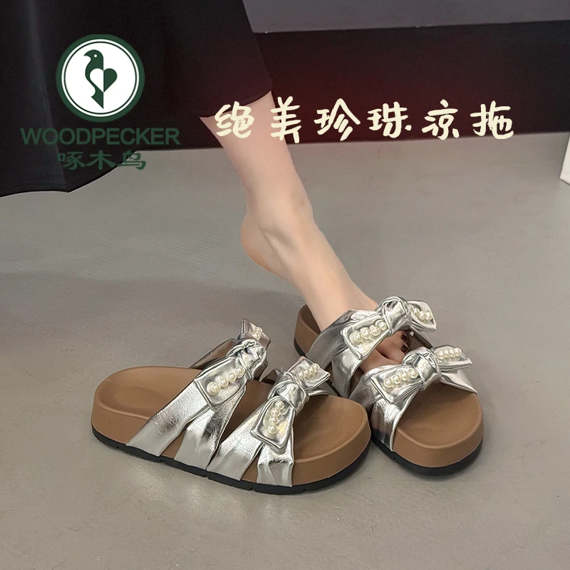 啄木鸟【专柜正品】厚底拖鞋女夏季外穿法式珍珠蝴蝶结凉拖沙滩凉鞋