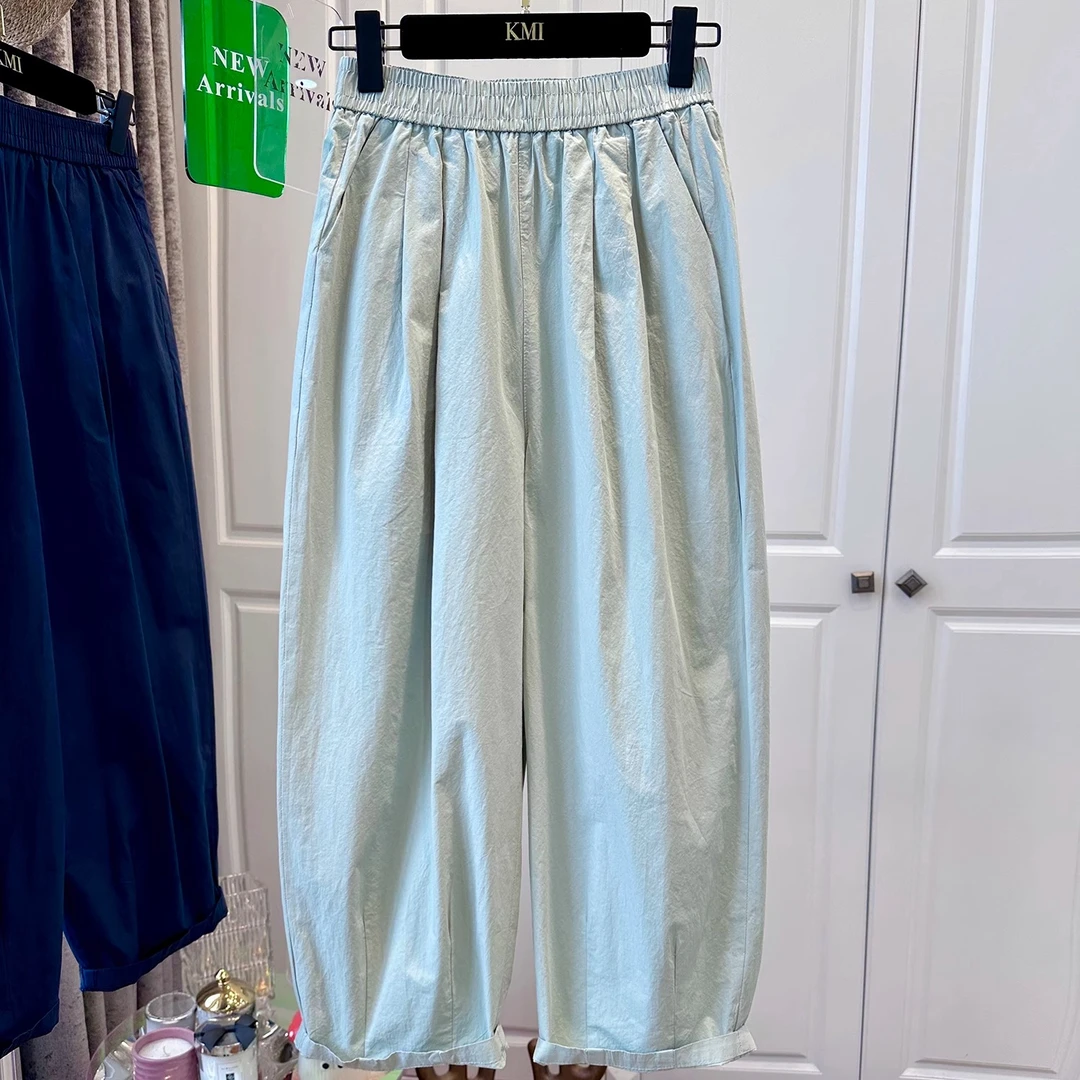 裤欧洲站纯色松紧腰褶皱棉休闲裤女气九分球裤宽松轻薄哈伦裤夏爆