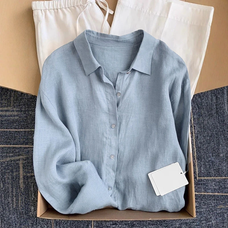 法式慵懒风雾蓝色棉麻衬衫女春秋新款高级感长袖宽松透气亚麻衬衣