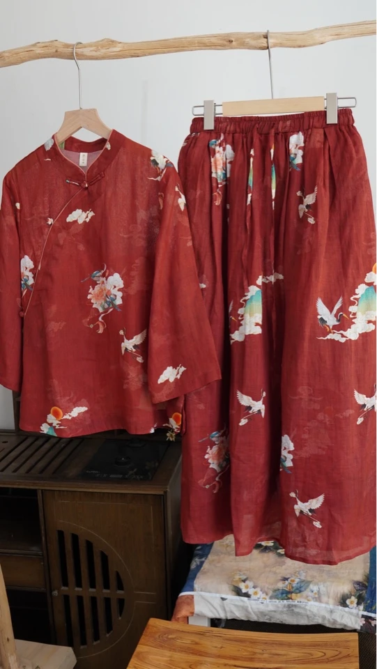 红鹤复古斜襟古风衬衫宽松大摆裙套装