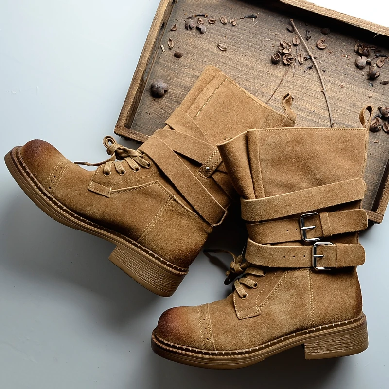 2025新款真皮女靴英伦风百搭厚底机车靴冬季马丁靴潮中筒靴子女