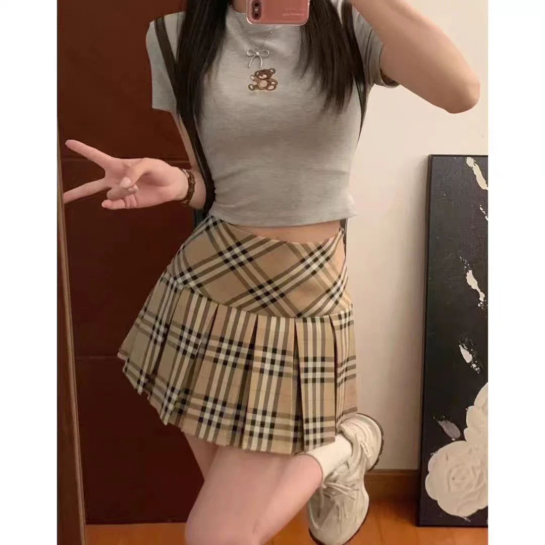 大米丨美式复古卡其格纹百褶裙