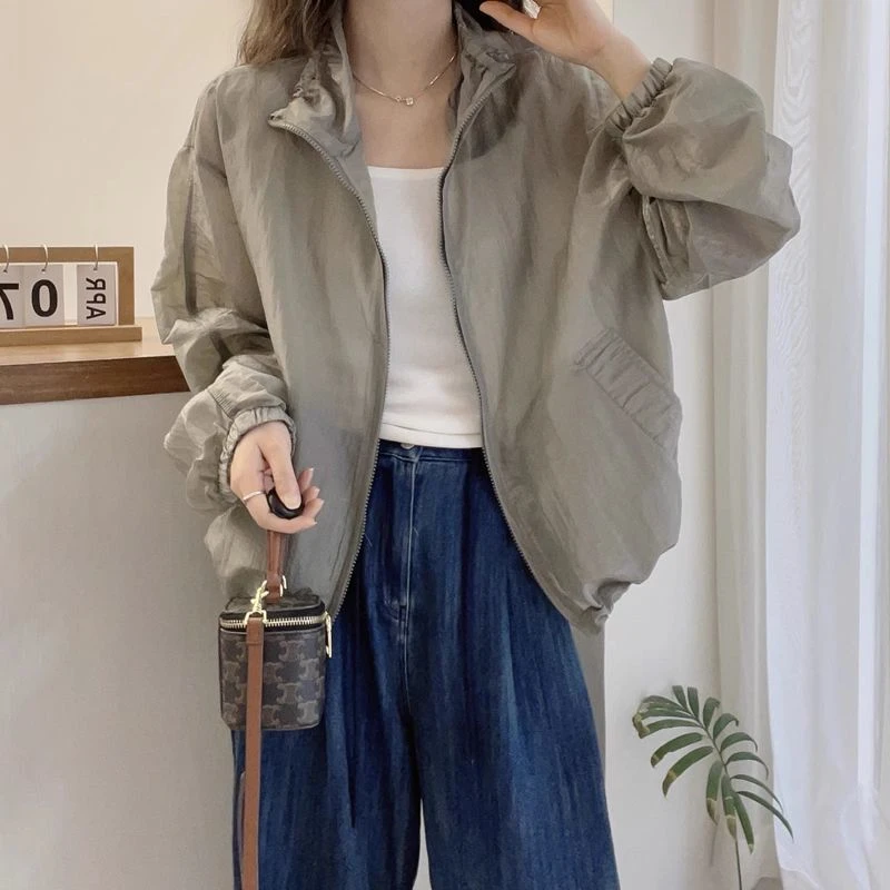 薄款防晒上衣女2025春夏新款时尚慵懒风宽松拉链立领长袖休闲外套