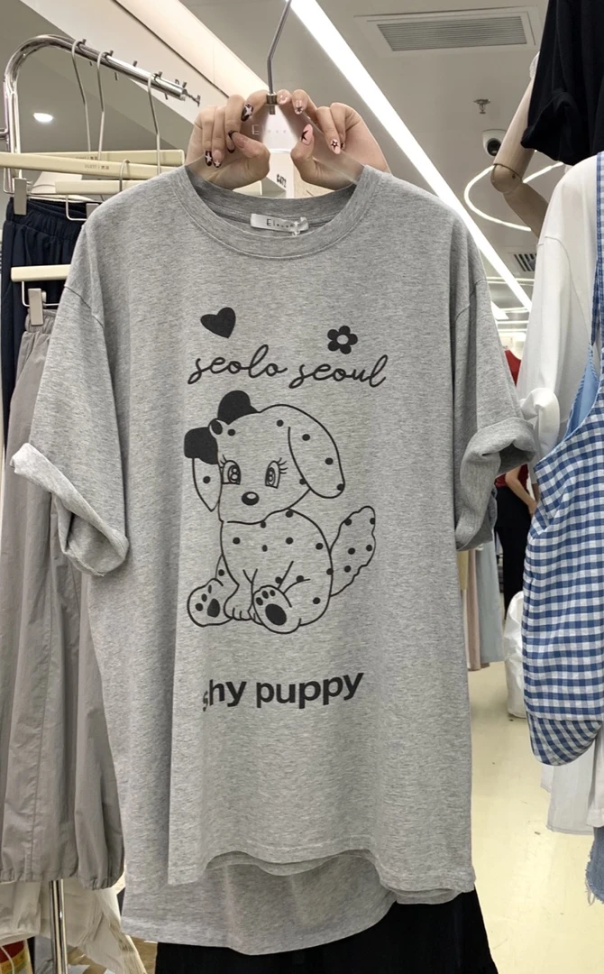 温柔瑶-Eleven#韩系百搭休闲卡通斑点狗印花短袖#1677