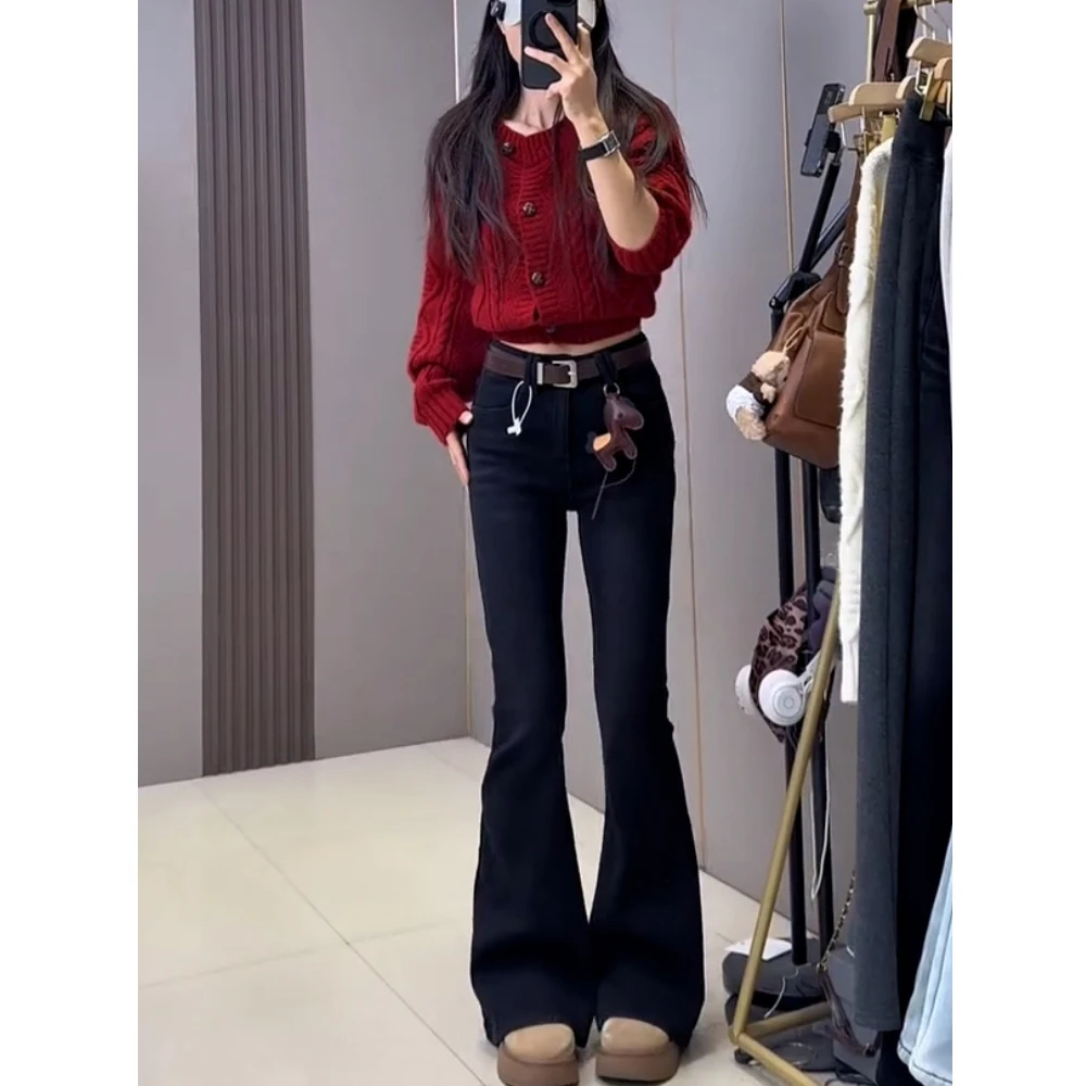 黑色小个子微喇牛仔裤女秋冬加绒高腰百搭弹力显瘦修身喇叭裤子