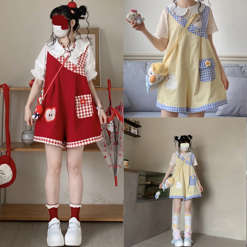 原创设计可爱日系背带短裤童趣格子苹果少女宽松学生小鸭刺绣显瘦