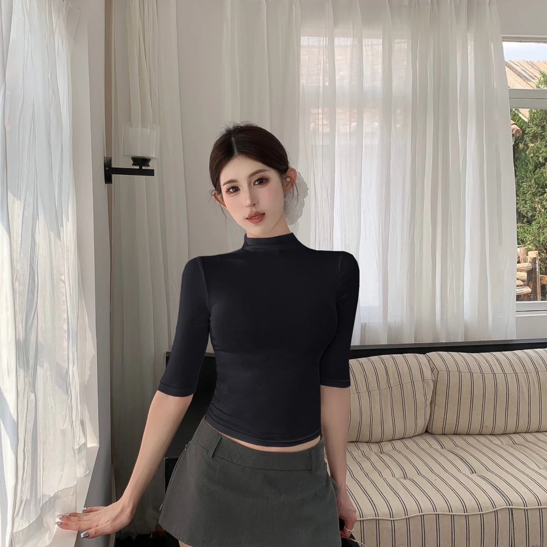 新款辣妹纯欲风休闲百搭半高领白色秋冬短袖T恤打底衫洋气上衣