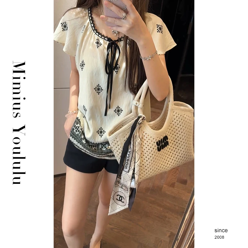 【mimius】P 重工刺绣蕾丝花边系带衬衫+短裤（正腰） G06257