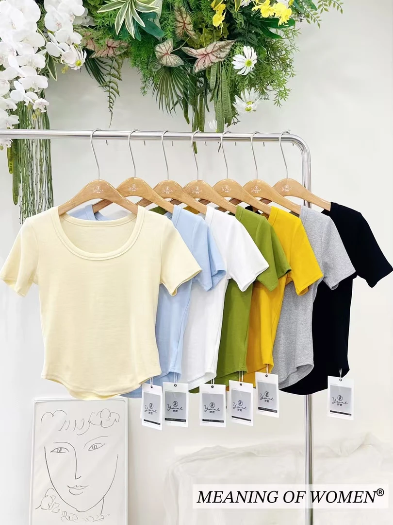 修身气质不规则下摆U领高弹T恤女短袖