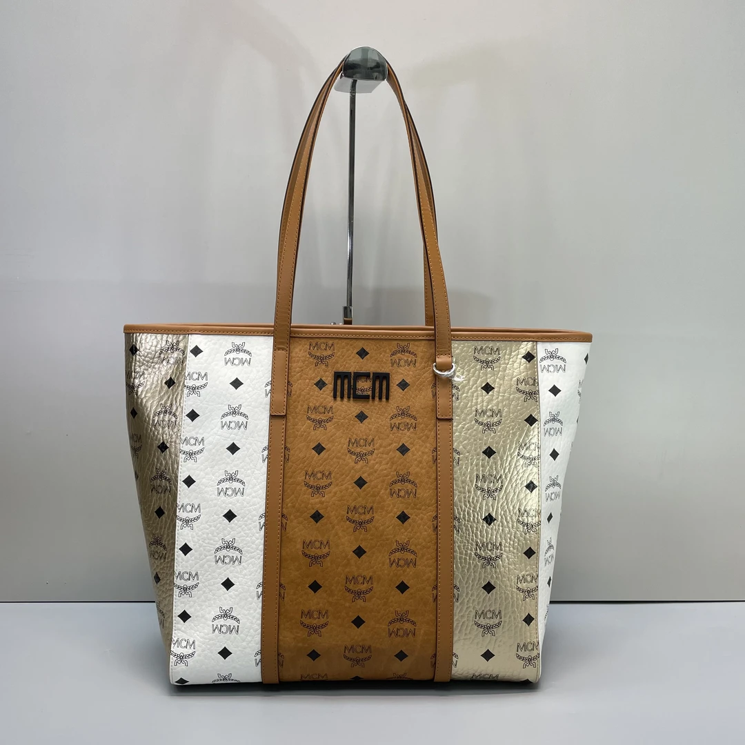 95新 MCM 媚姐/mcm干邑色拼接色托特包32x22x15cmF121402